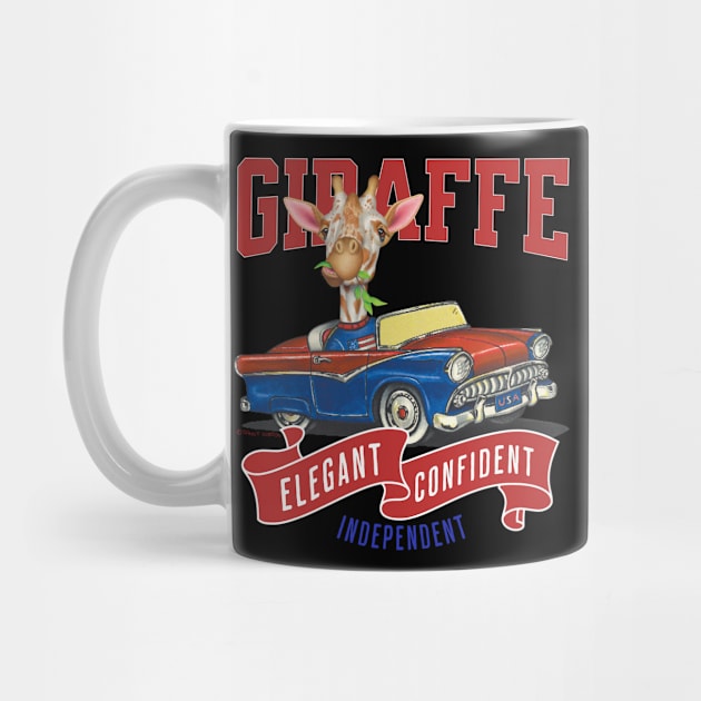 Humor funny Jerry the Giraffe driving vintage retro classic car with red white and blue banner for retro lovers automobile by Danny Gordon Art